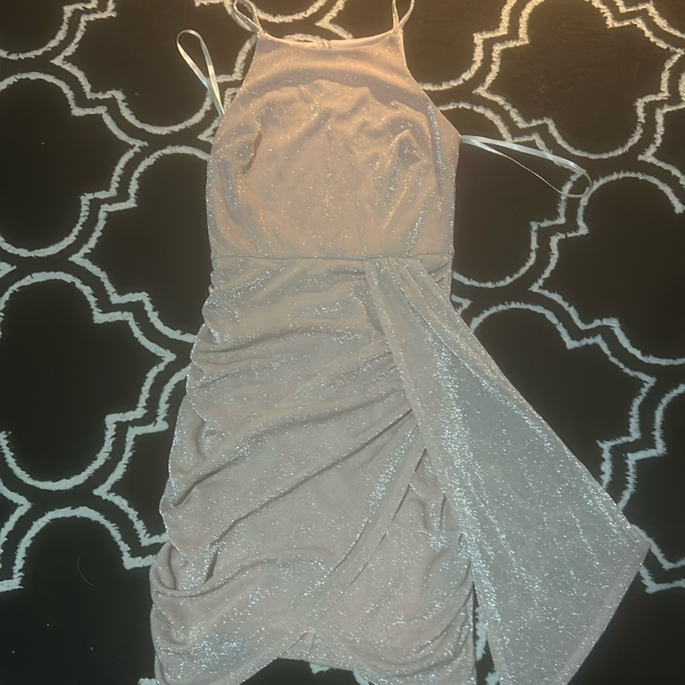 Short Pink Sparkly Dress- Size XS 
Cross at the bottom, High on the neck